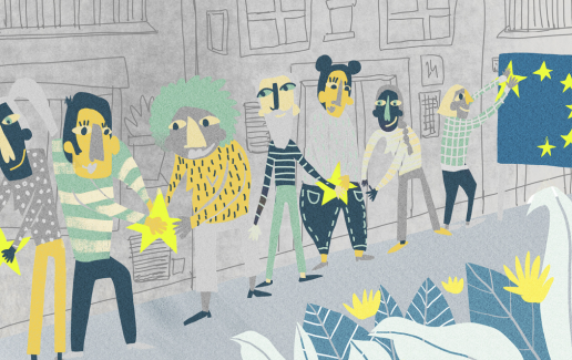 Imagen que muestra una fila de personas diversas pasándose las estrellas de la Unión Europea para recolocarlas en la bandera